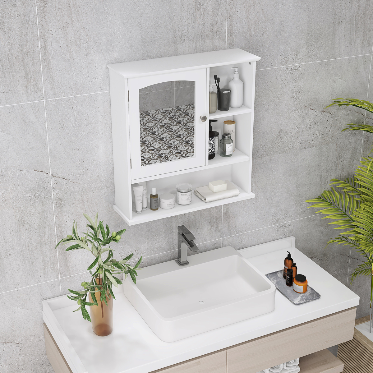 kleankin Wall Mounted Bathroom Mirror Glass Storage Cabinet Cupboard with Shelf