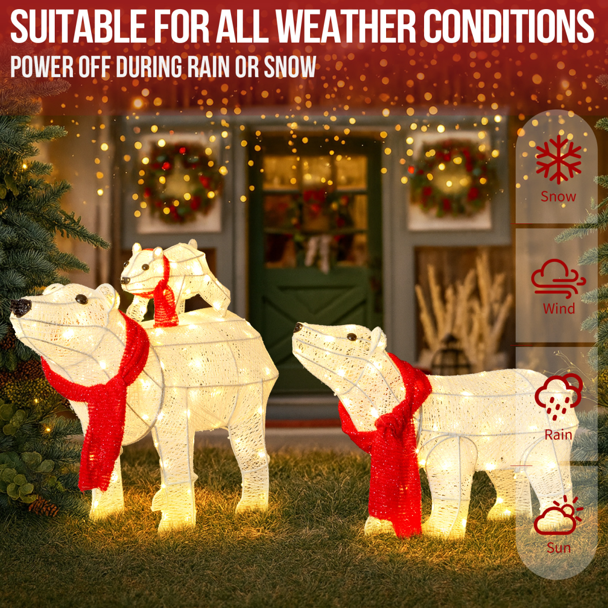 Set of 3 Lighted Polar Bear Family Christmas Decorations, Pre-lit Holiday Decor with 190 Warm White LED Lights for Xmas Outdoor Indoor Decor Lighted Holiday Displays, White
