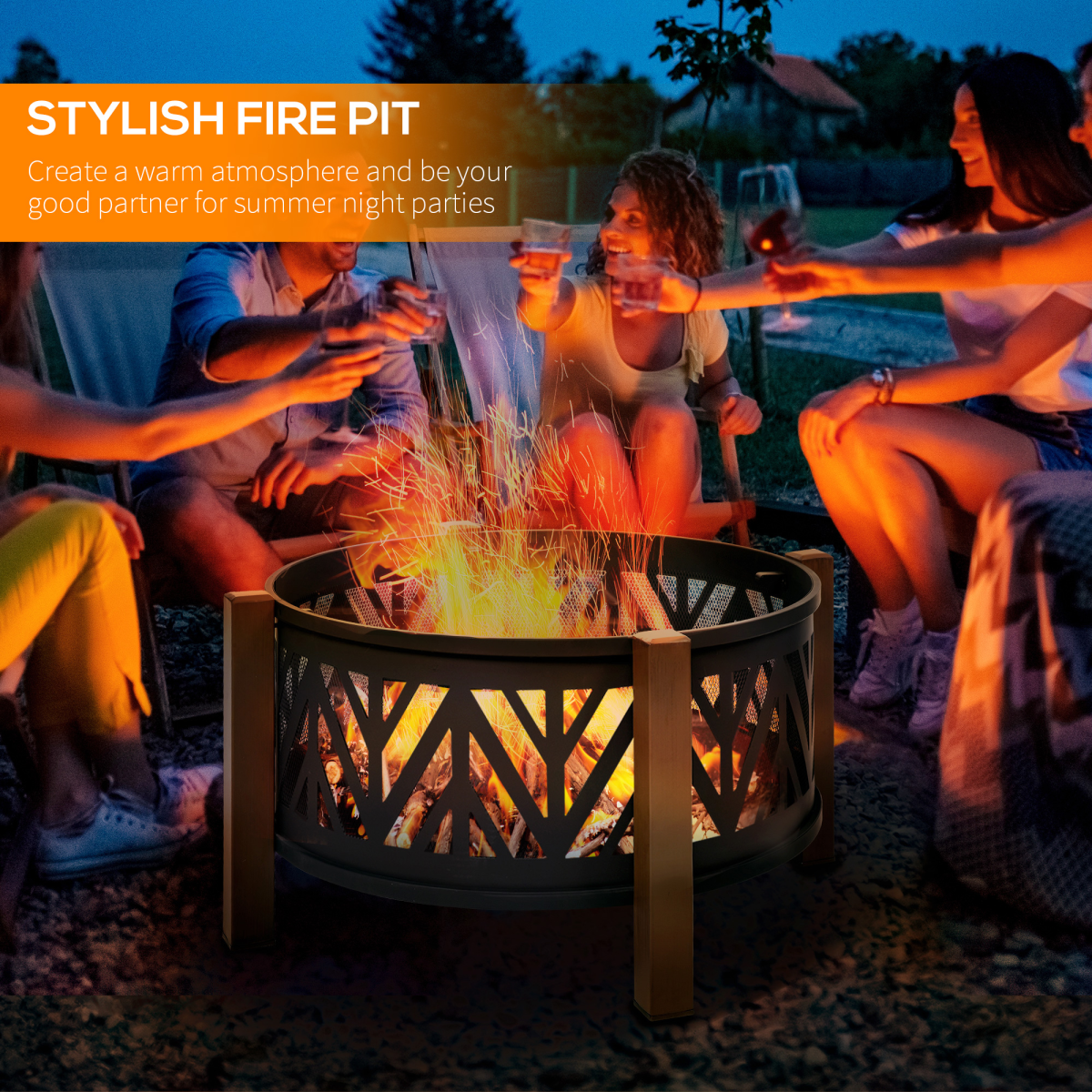 2-in-1 Outdoor Fire Pit Bowl with BBQ Grill Grate 30" Spark Screen Cover