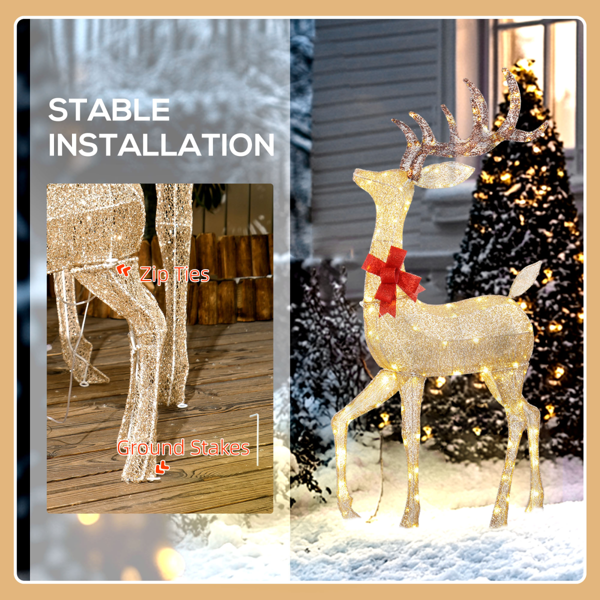 Outsunny 3-Piece Light Up Christmas Deer Family Set of 3 for Lawn Gold Tone