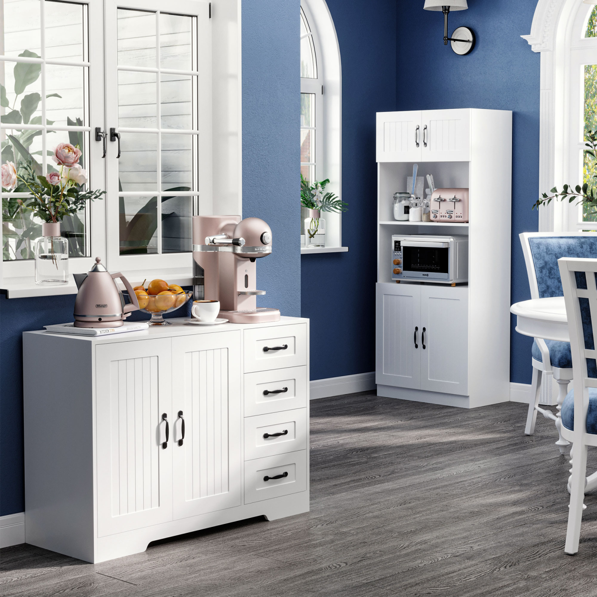 Kitchen Storage Cabinet, Cupborad with 5-tier Shelving 4 Doors, White