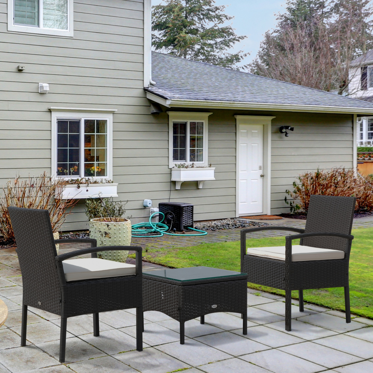 3PC Garden Rattan Bistro Set Balcony Dining Table 2 Seater Chair Outsunny