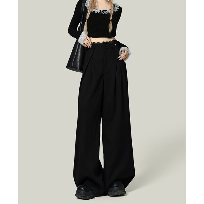 Black Lace Stitching Wide-leg Casual Pants Women