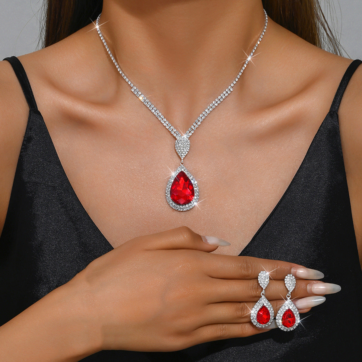 Red Sapphire Blue Water Drop Pendant Affordable Luxury Style Design Niche Trendy Suit