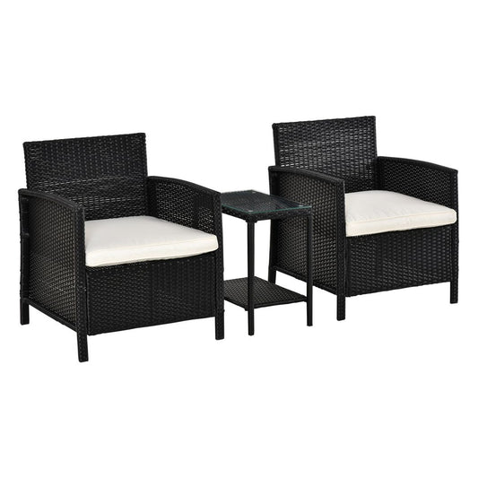 Outsunny  2-Seater PE Rattan Side Table & Armchair Bistro Set w/ Pillows Black Black 63cm x 68cm x 78cm