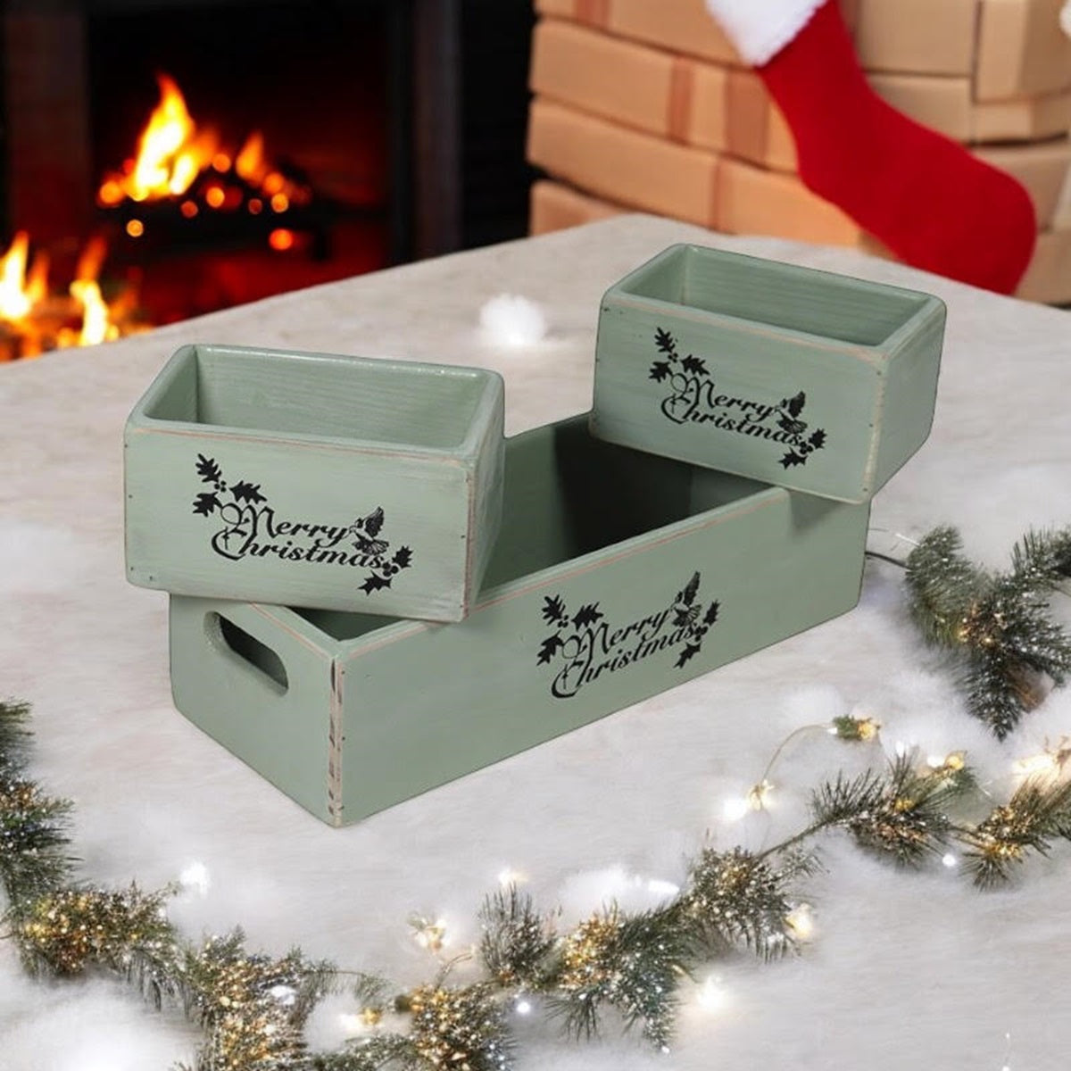 34/15/15CM SET 3 RUSTIC GREEN WOODEN BOXES