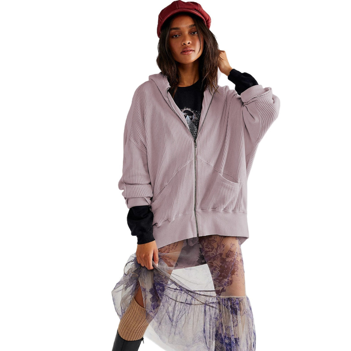 Waffle-knit Cardigan With Zipper Relaxed-fit Women's Hoodie