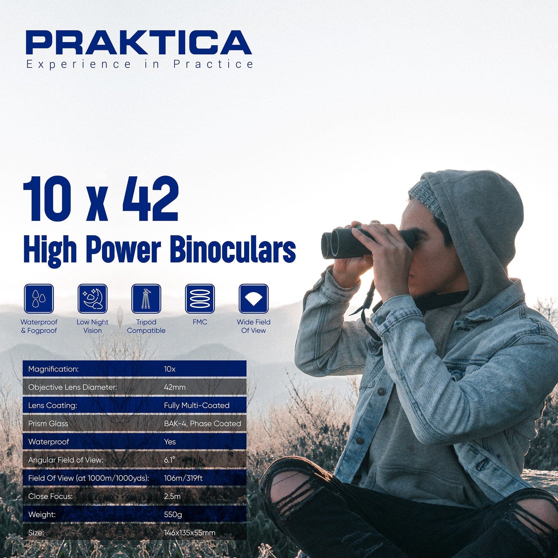 PRAKTICA Pioneer R 10x42mm Binoculars - Brown