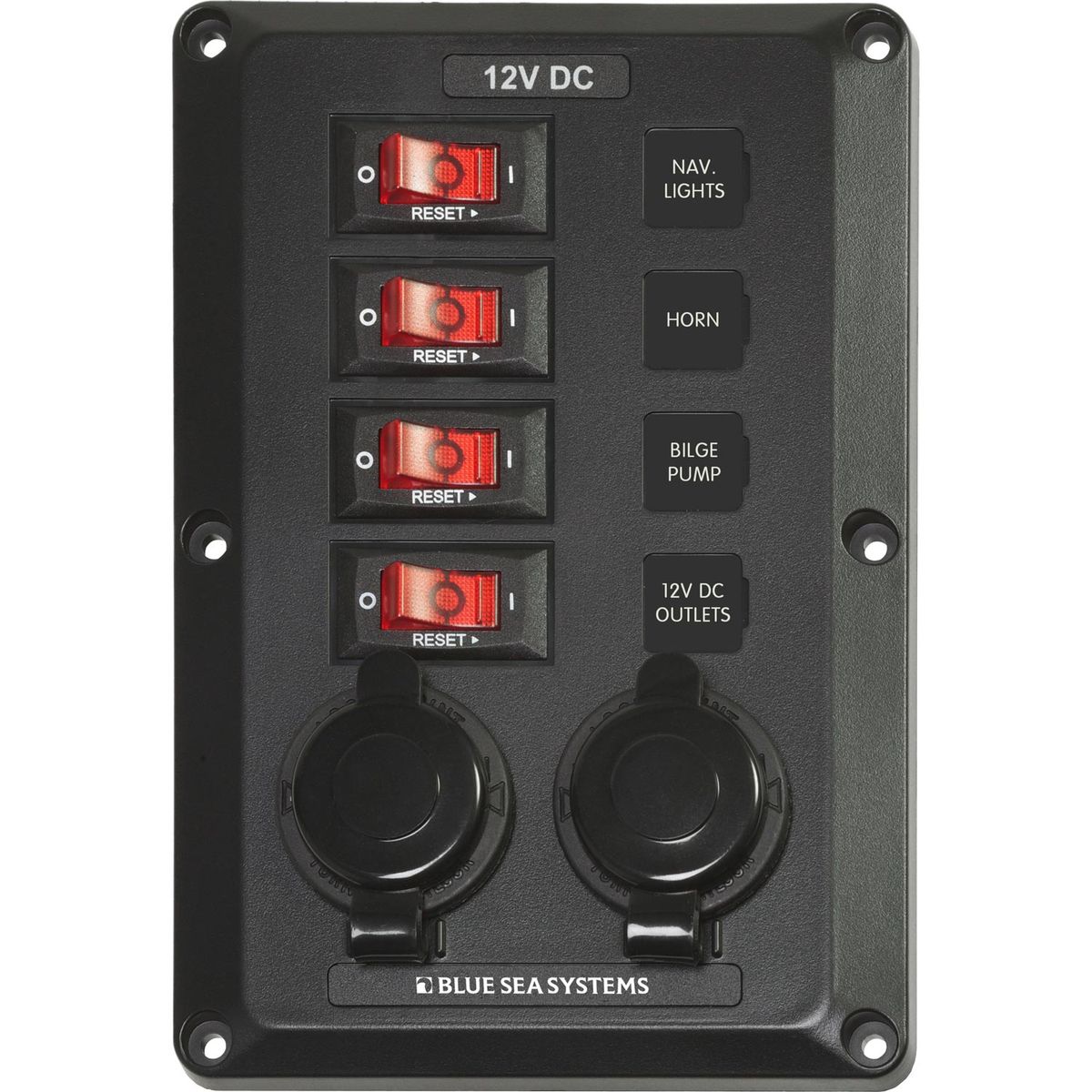 Blue Sea Below Deck Circuit Breaker Panel (12V / 4-Way / 2 Sockets)