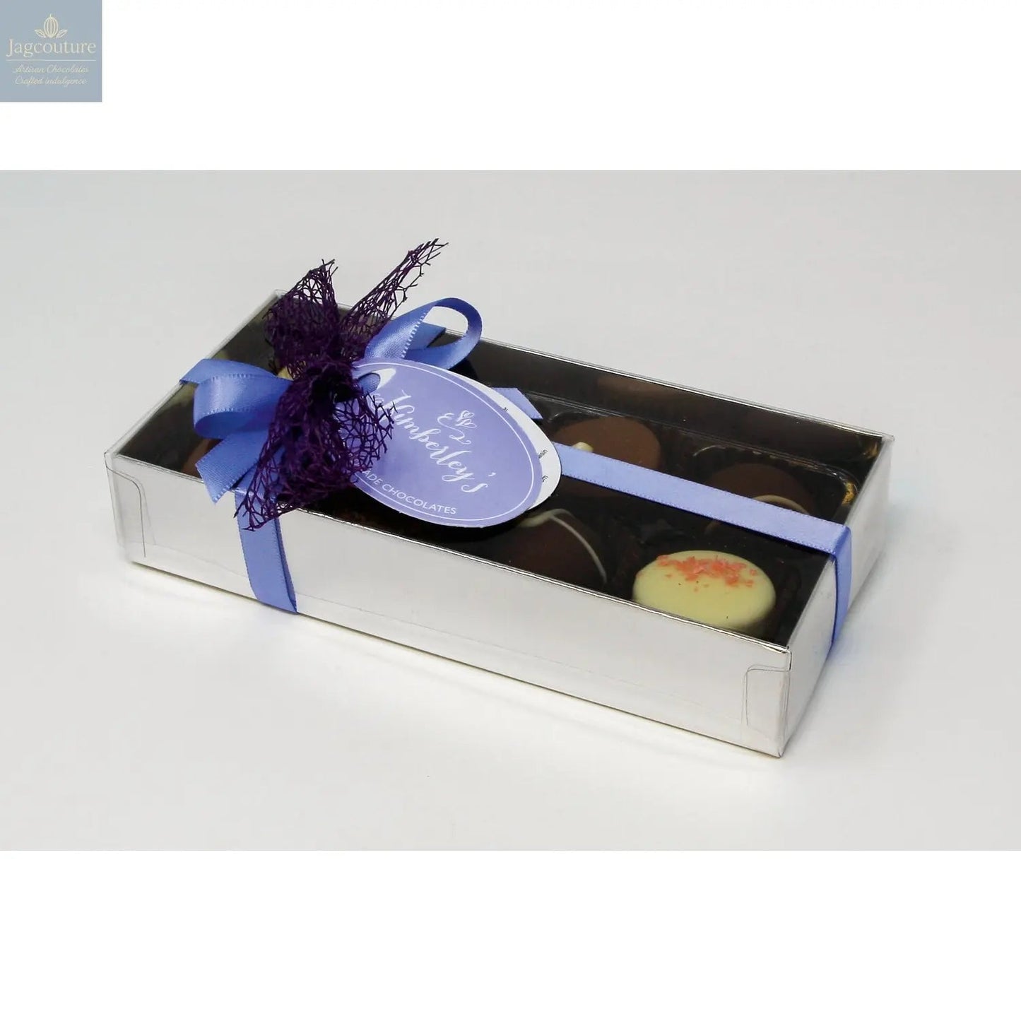 8 handmade English truffles and chocolates in silver gift box with menu tag