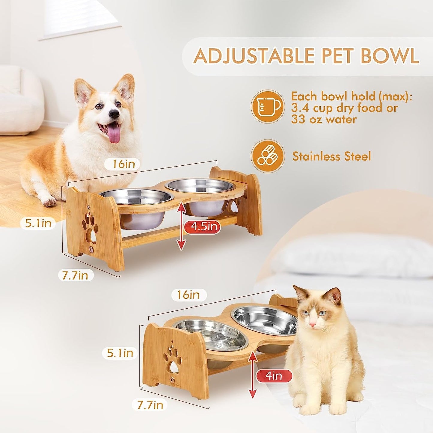 Adjustable Bamboo Elevated Dog Bowls with Anti-Slip Feet for Cats and Small Dogs, Complete Feeding Set with Two Stainless Steel Bowls (Height Adjustable 4" to 4.5")