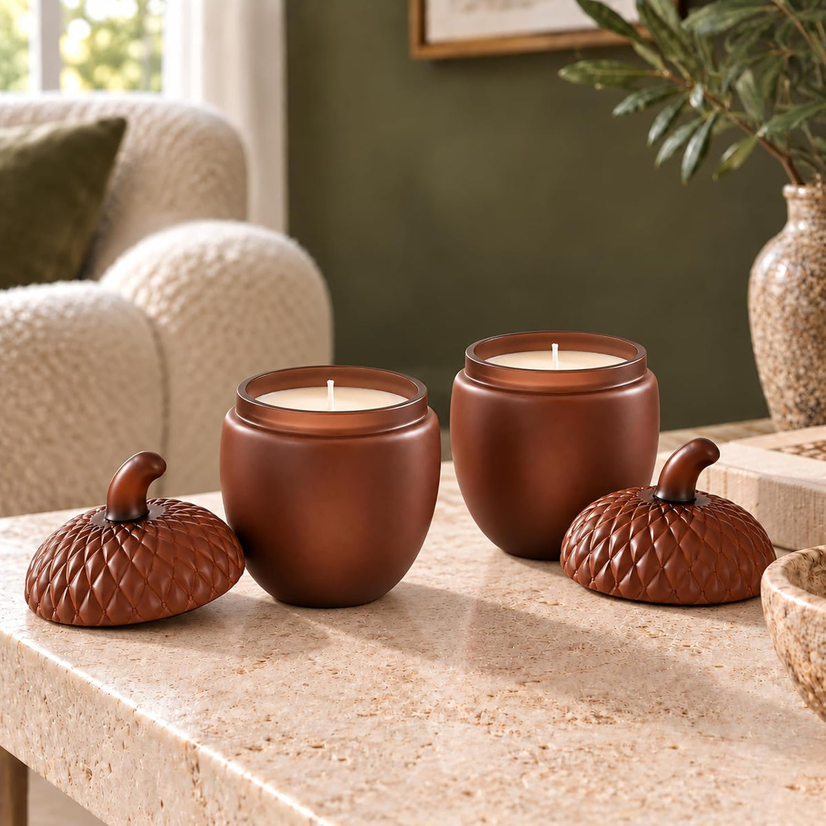Set of 2 Autumn Scented Candles, Glass Jars with Lids