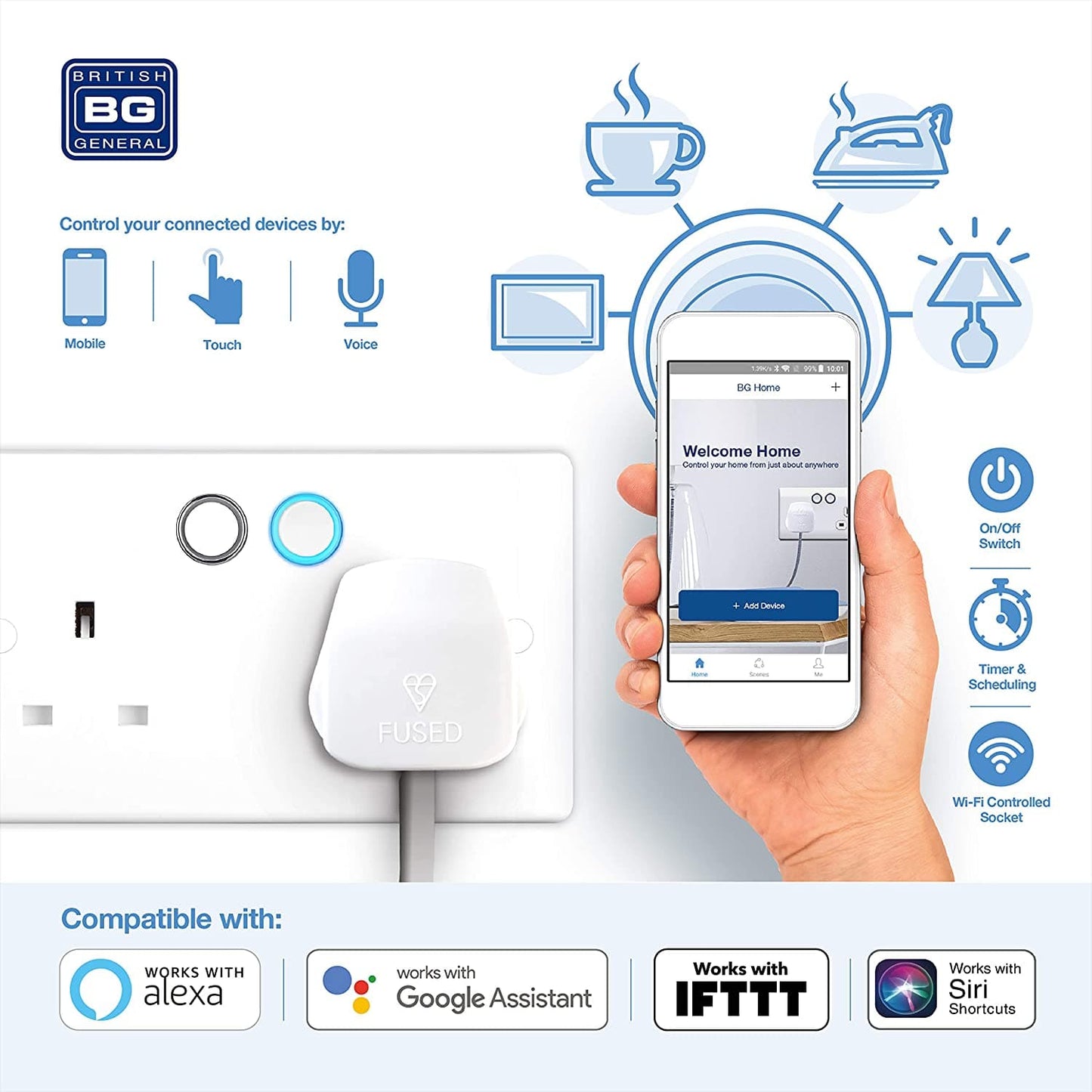 British General Slim Nexus Double Switched 13A Power Socket + Smart Home Control - White
