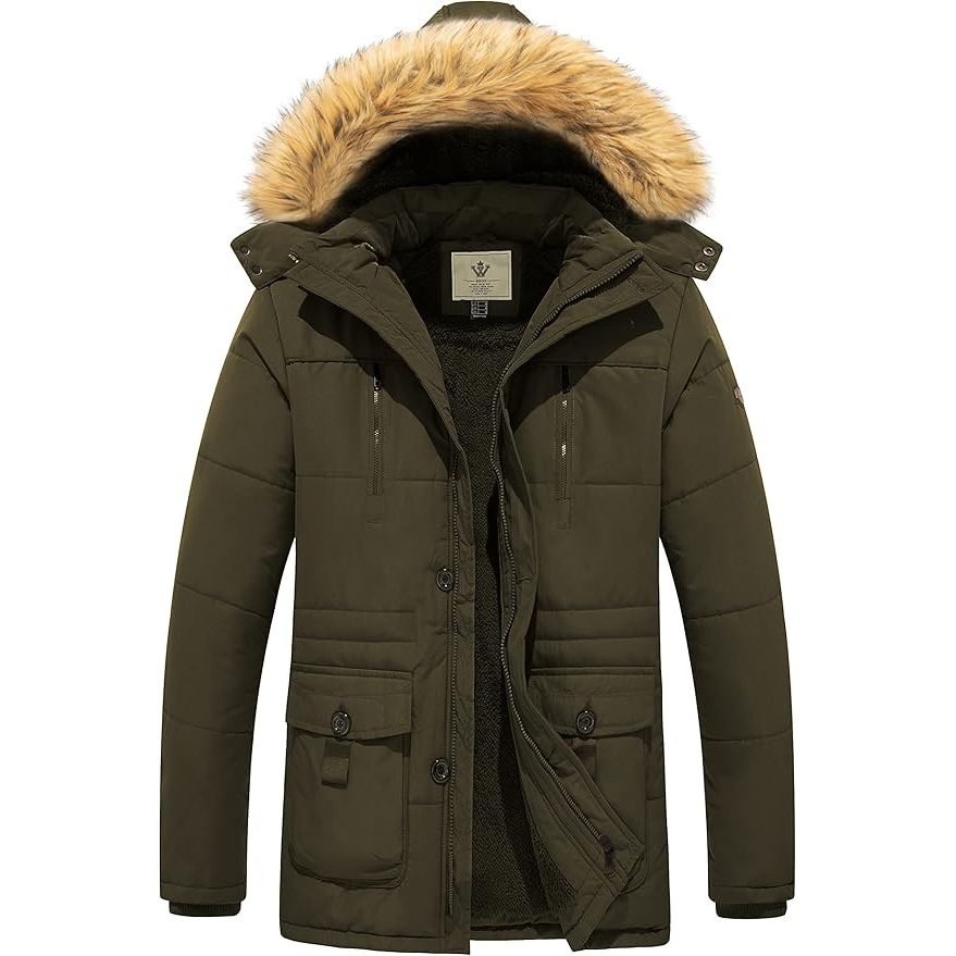 Mens Fleece Jacket Windbreaker Parka Removable Hood Army Green S WenVen