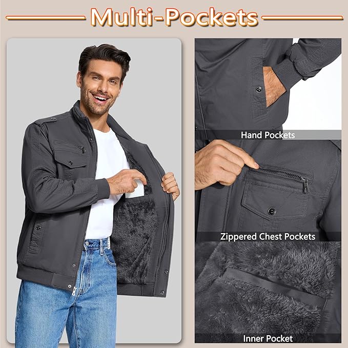 Mens Winter Fleece Cargo Jacket Thick Military Bomber Grey Size L KEFITEVD
