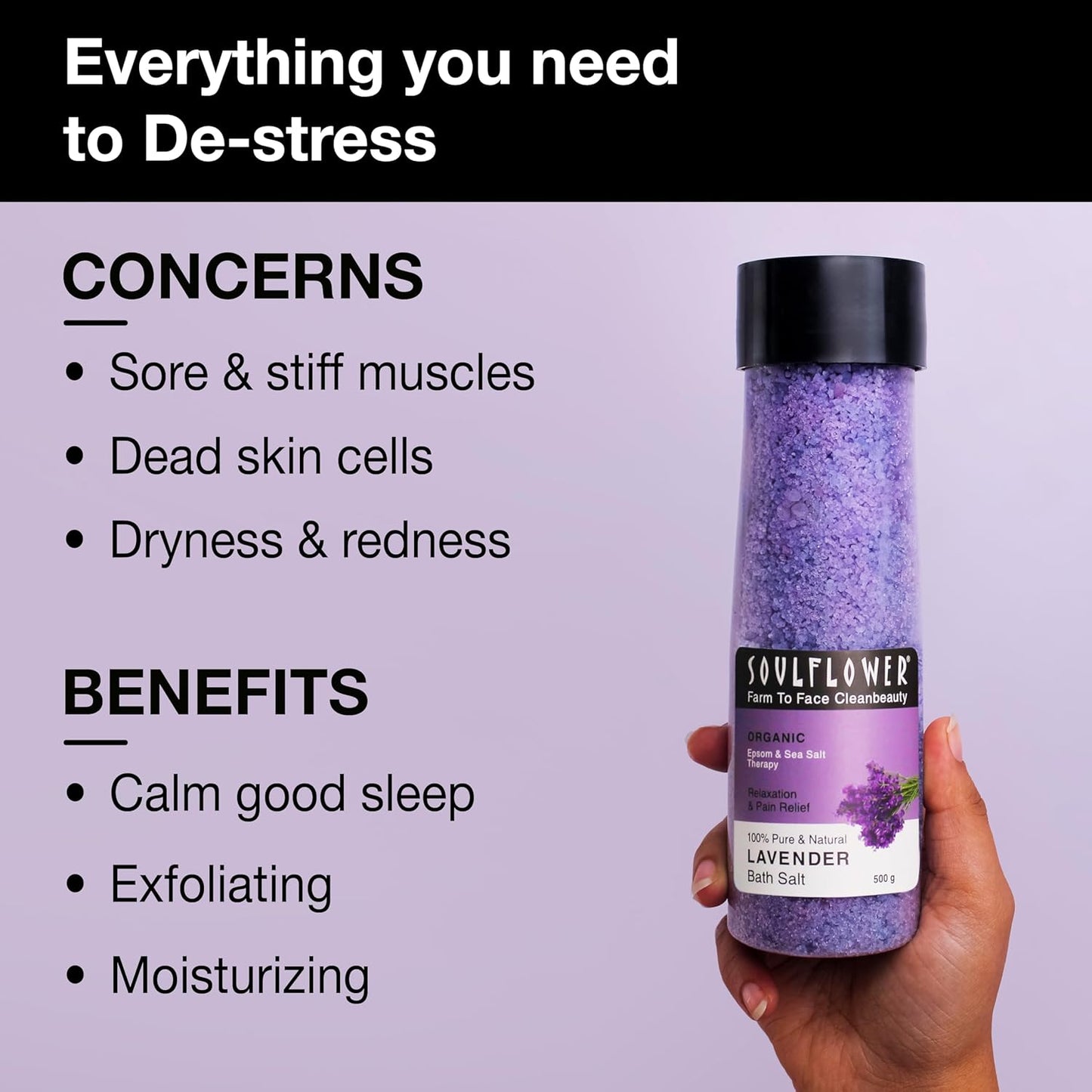 Soulflower Epsom Bath Salts Trio: Lavender, Rose, Himalayan Pink, 500g Each