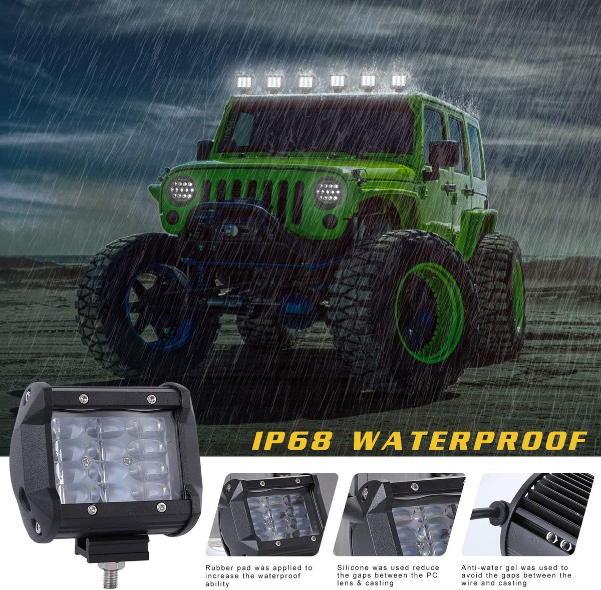 LED Work Light Bar 4 Inch 72W 7200LM Spot Fog Lights Pair YUGUANG
