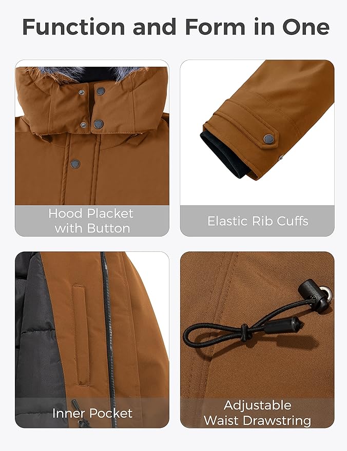 Mens Long Winter Puffer Jacket Windproof Cotton Padded Brown Size S