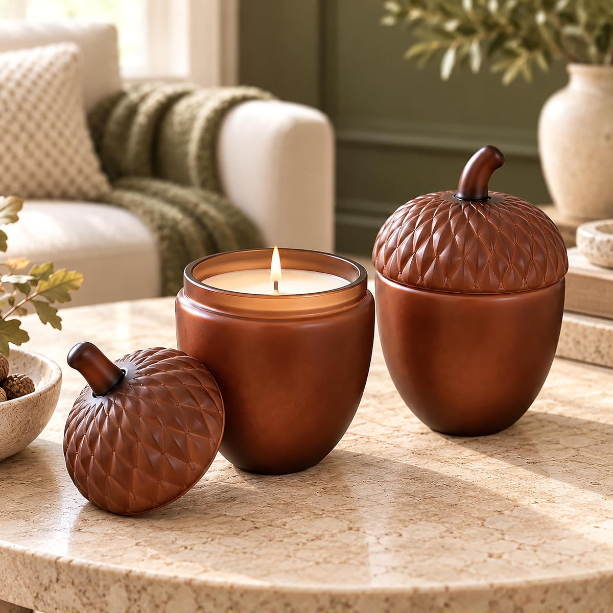 Set of 2 Autumn Scented Candles, Glass Jars with Lids