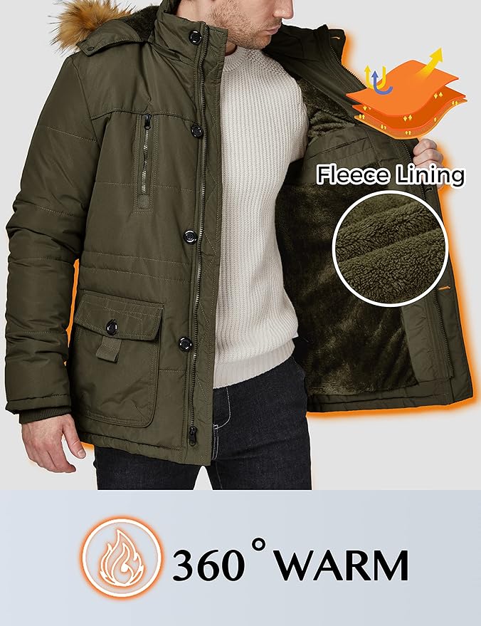 Mens Fleece Jacket Windbreaker Parka Removable Hood Army Green S WenVen