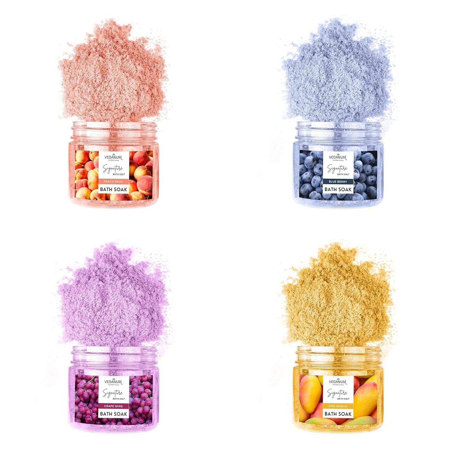 Vedanum Bath Salt Combo: Peach, Blueberry, Grape, Mango - 4x100g Jars