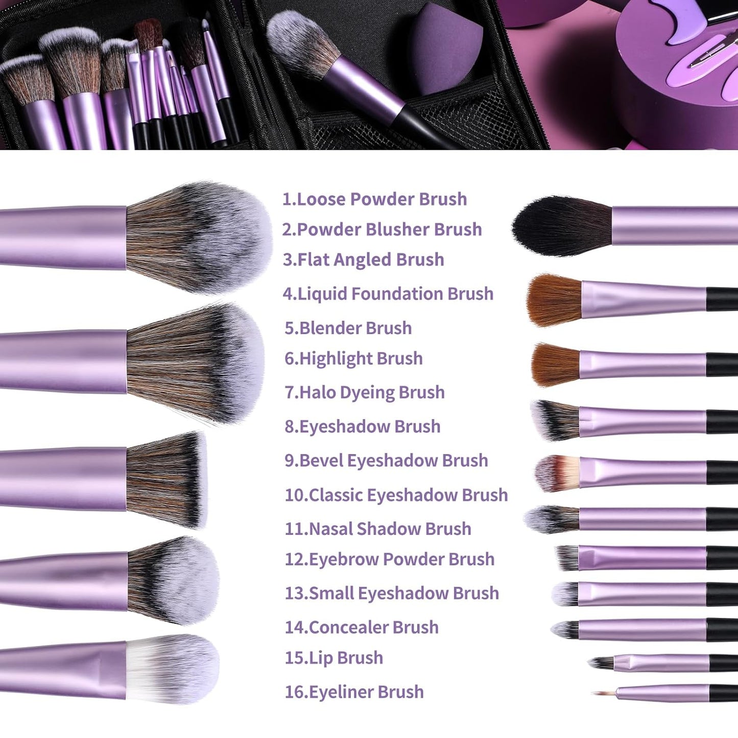 16-Piece Makeup Brush Set with Sponge & Eyeshadow Applicator