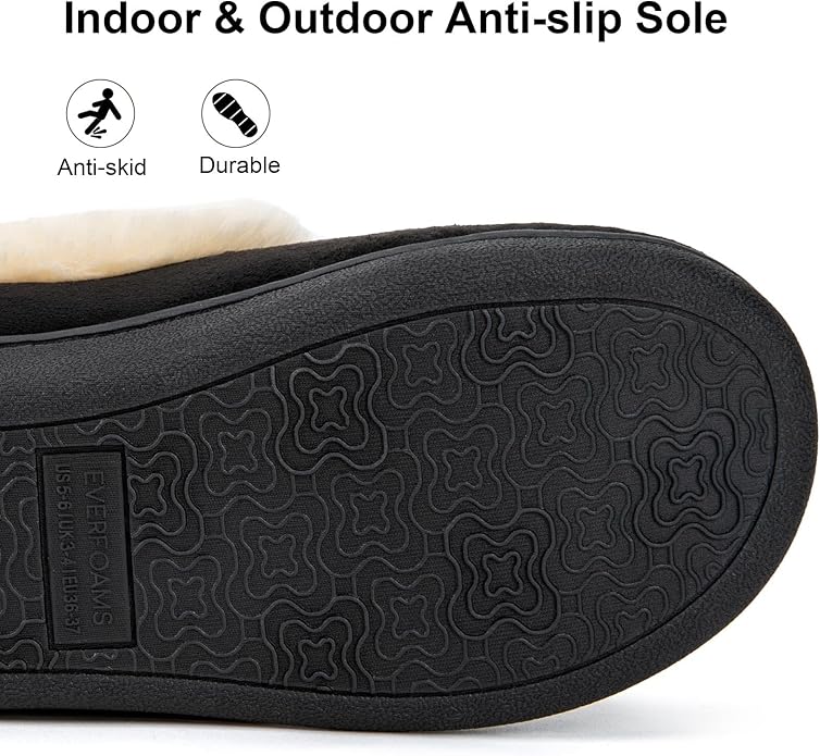 Mens Warm Slippers Memory Foam Fluffy Black EverFoams UK 9-10 EU 42-43