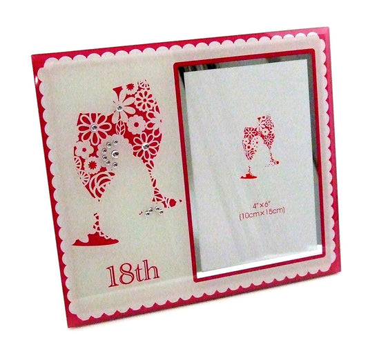 18th Birthday Pink & White Champagne Flute 4" x 6" Photo Frame With Clear Diamante Crystals