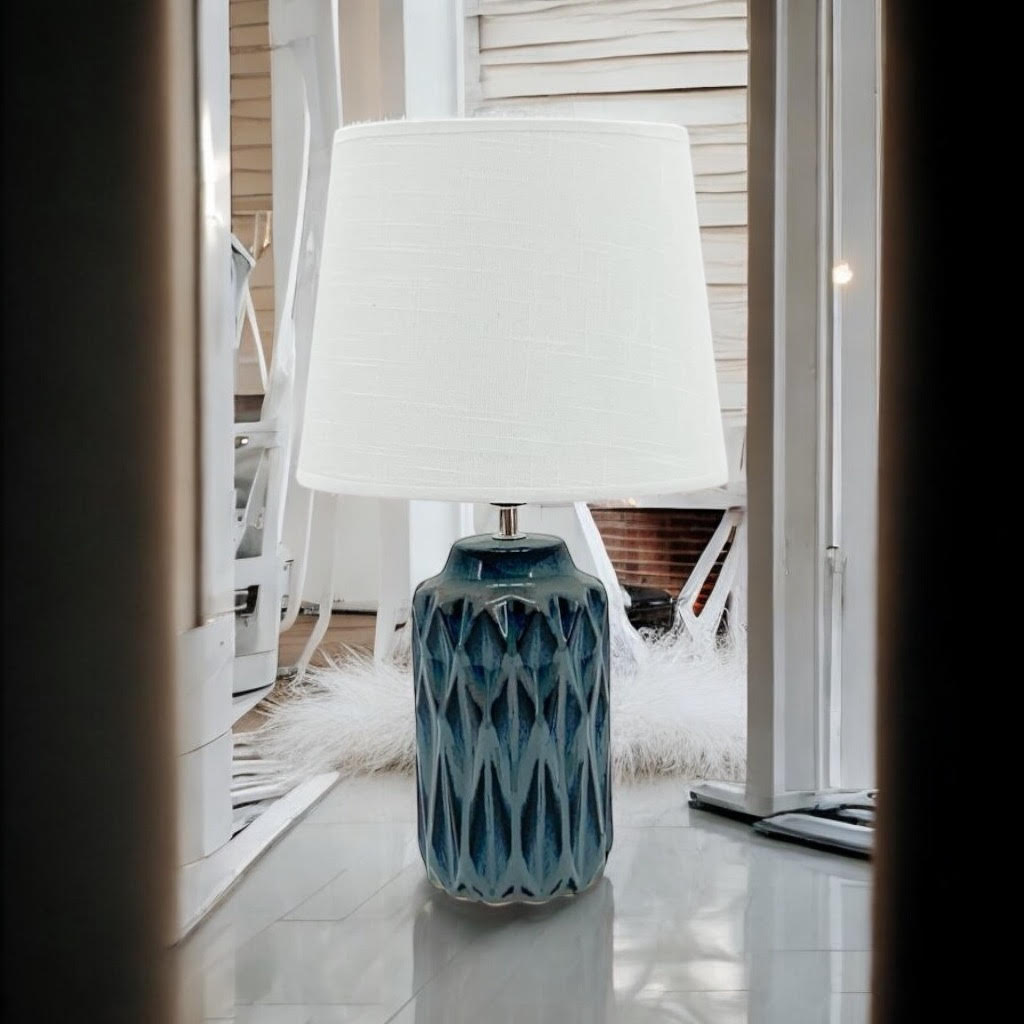 40CM BLUE CERAMIC  LAMP AND SHADE