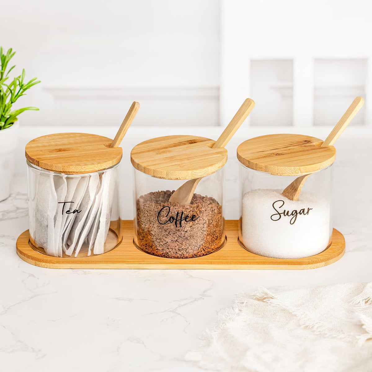 3 Glass Jar Kitchen Station Set with Wooden Tray