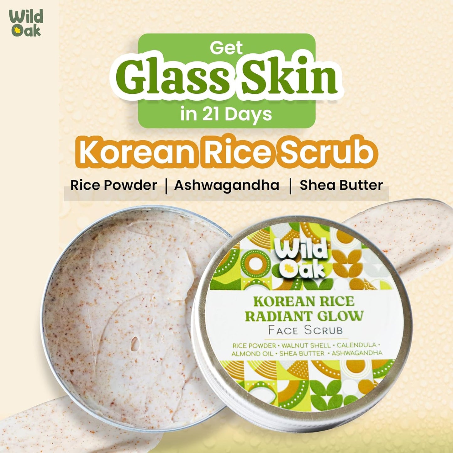 WildOak Korean Rice Face Scrub 100g - Exfoliate, De-Tan, Hydrate & Repair