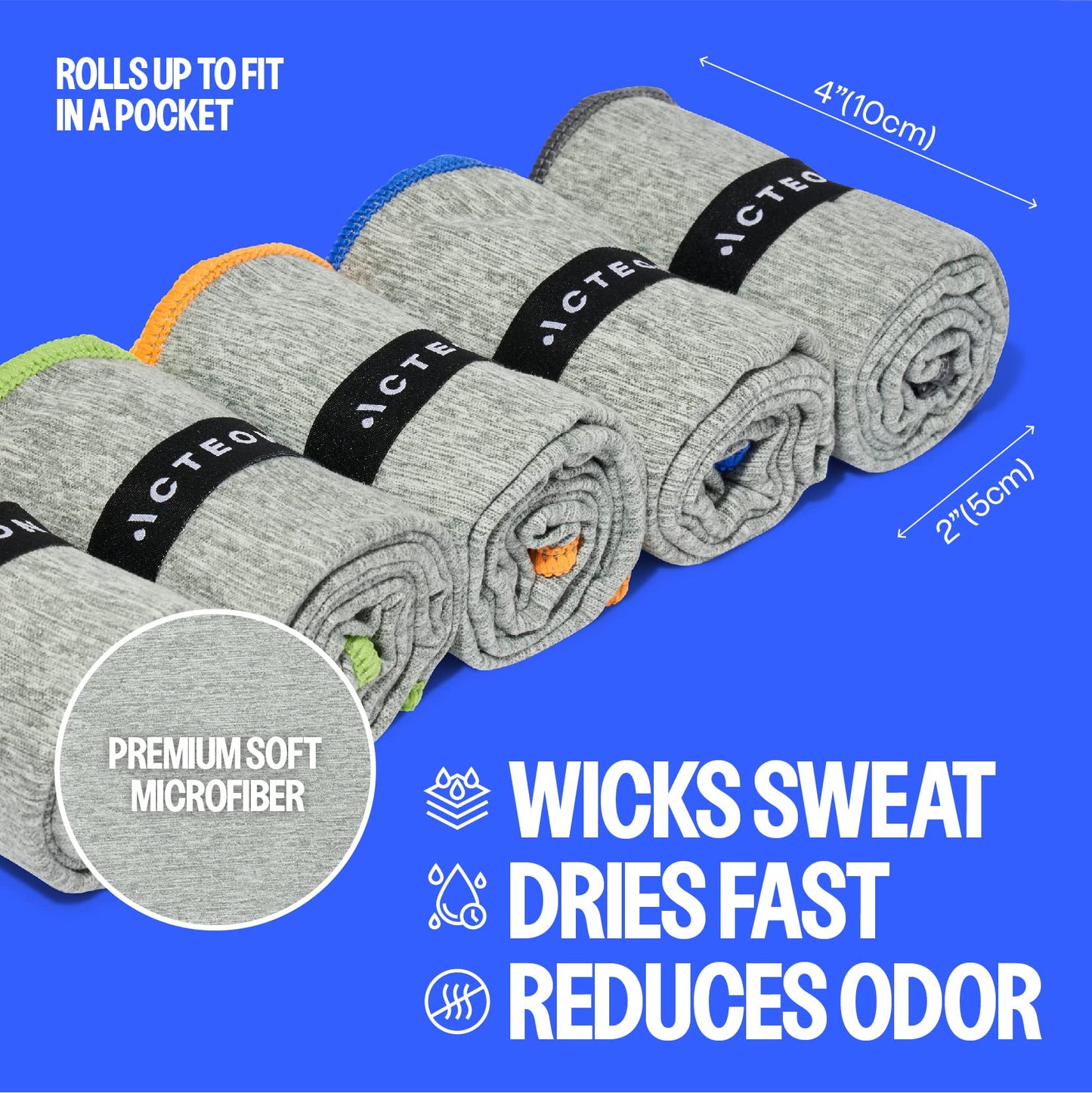 Acteon Microfiber Gym Towels 5 Pack, Quick Dry Silver ION Odor-Free Sweat Towel, Super Absorbent Fast Drying for Men/Women