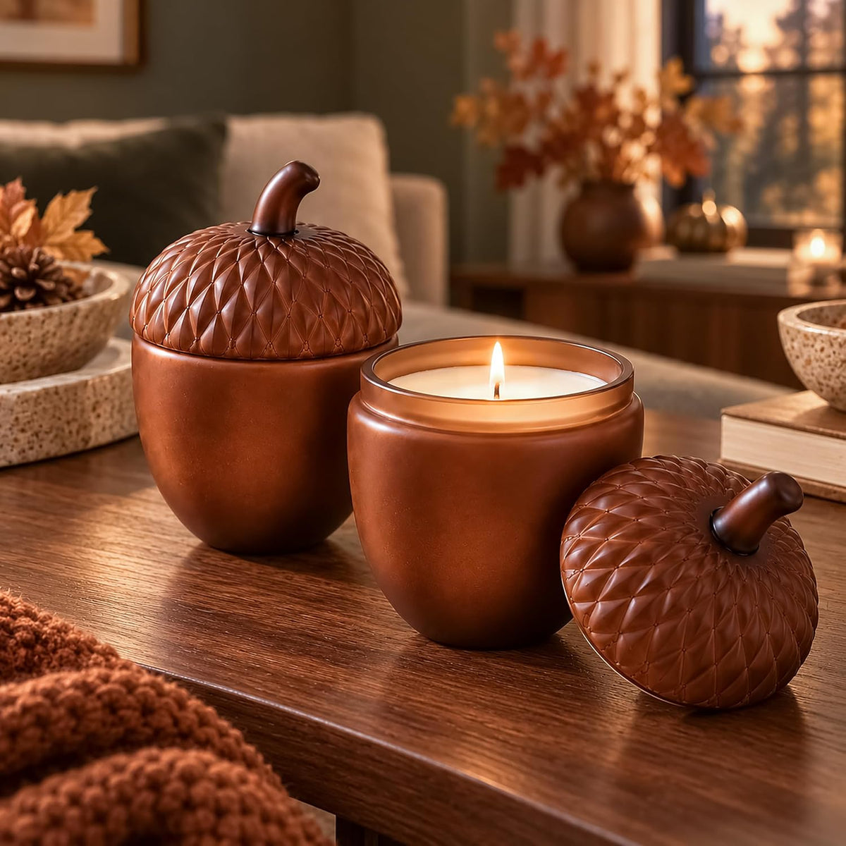 Set of 2 Autumn Scented Candles, Glass Jars with Lids