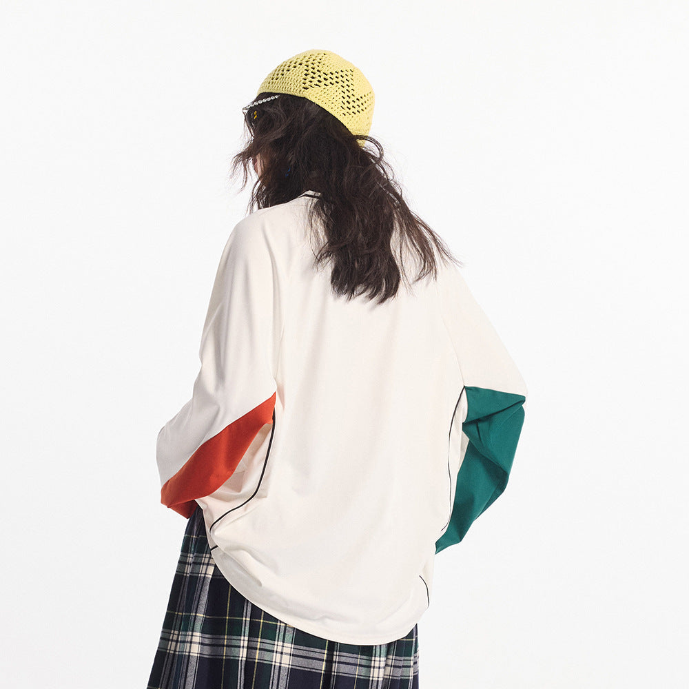 Hip Hop Trend Color Contrast Patchwork Long Sleeve V-neck Sports