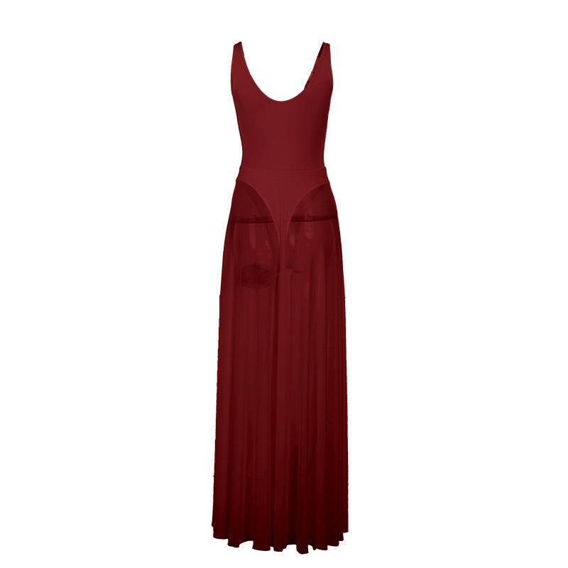 Women's Solid-Color Elegant Resort Bodycon Mesh A-Line Dress