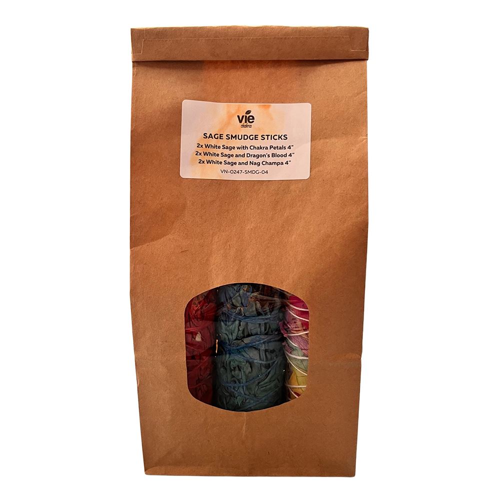 2x Chakra Petals White Sage 4" Smudge Sticks, 2x Dragon's Blood White Sage 4" Smudge Sticks, 2x Nag Champa White Sage 4" Smudge Sticks