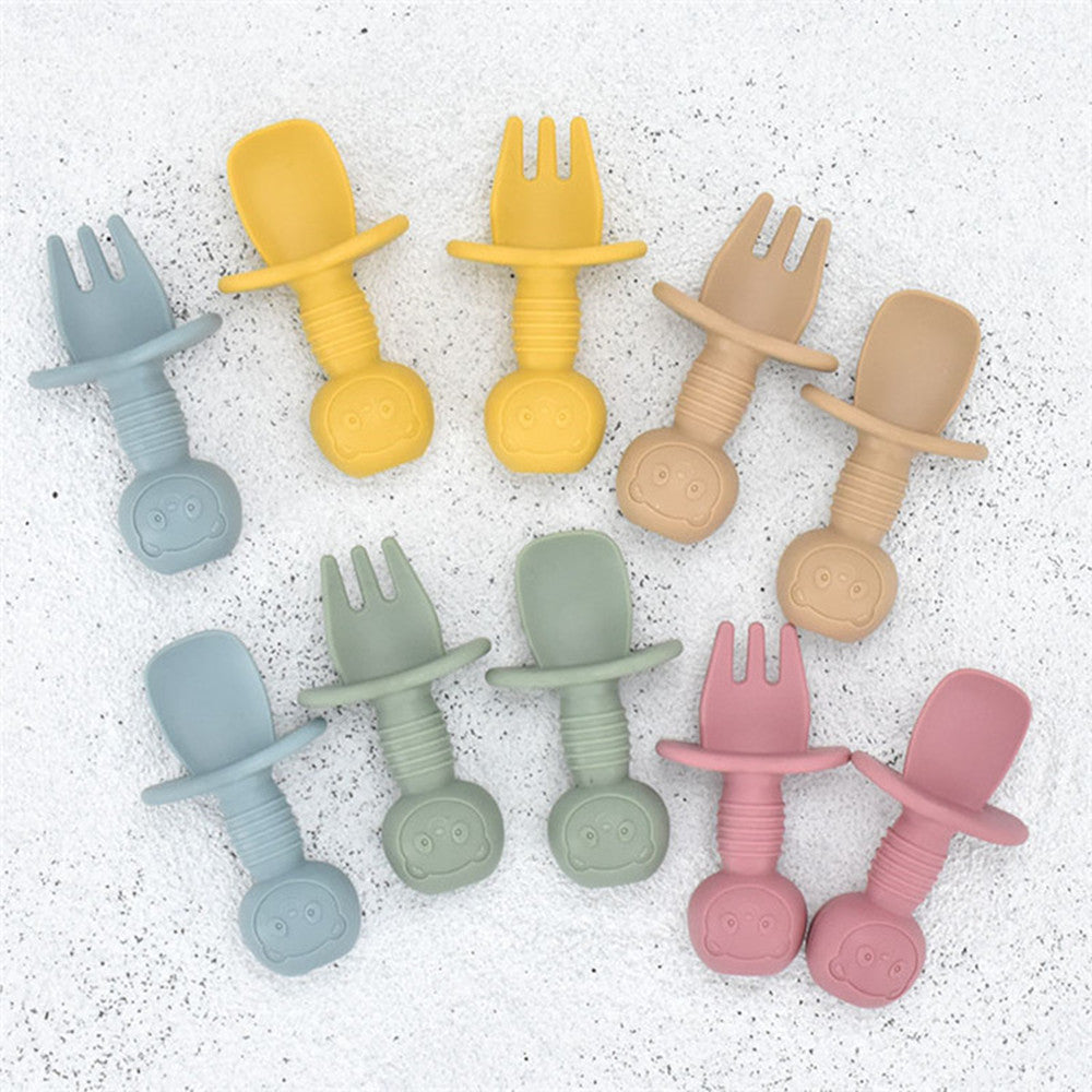 Silicone Baby Fork and Spoon Set - Short Handle Self-Feeding Utensils