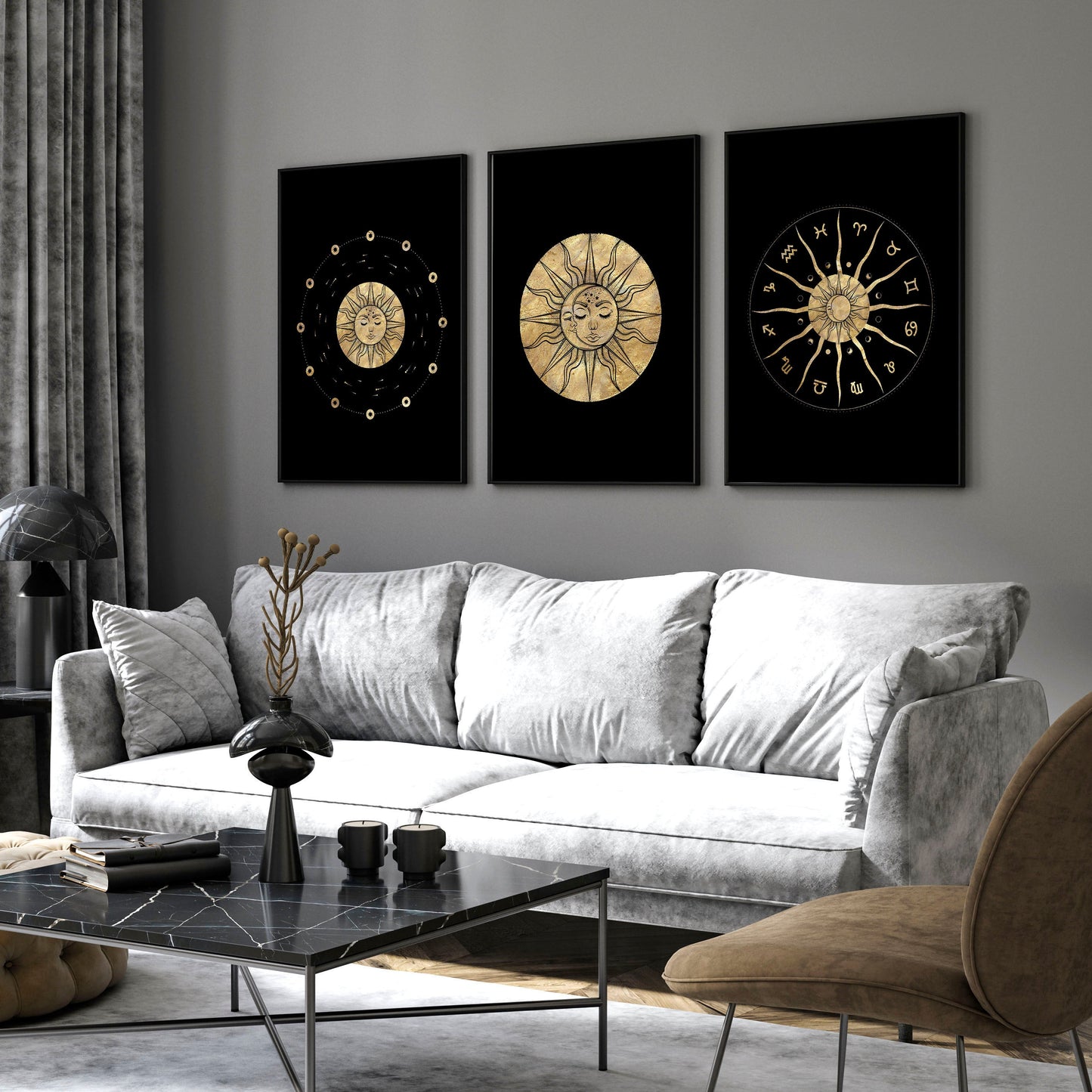 Sun and moon drawing  | set of 3 framed wall art