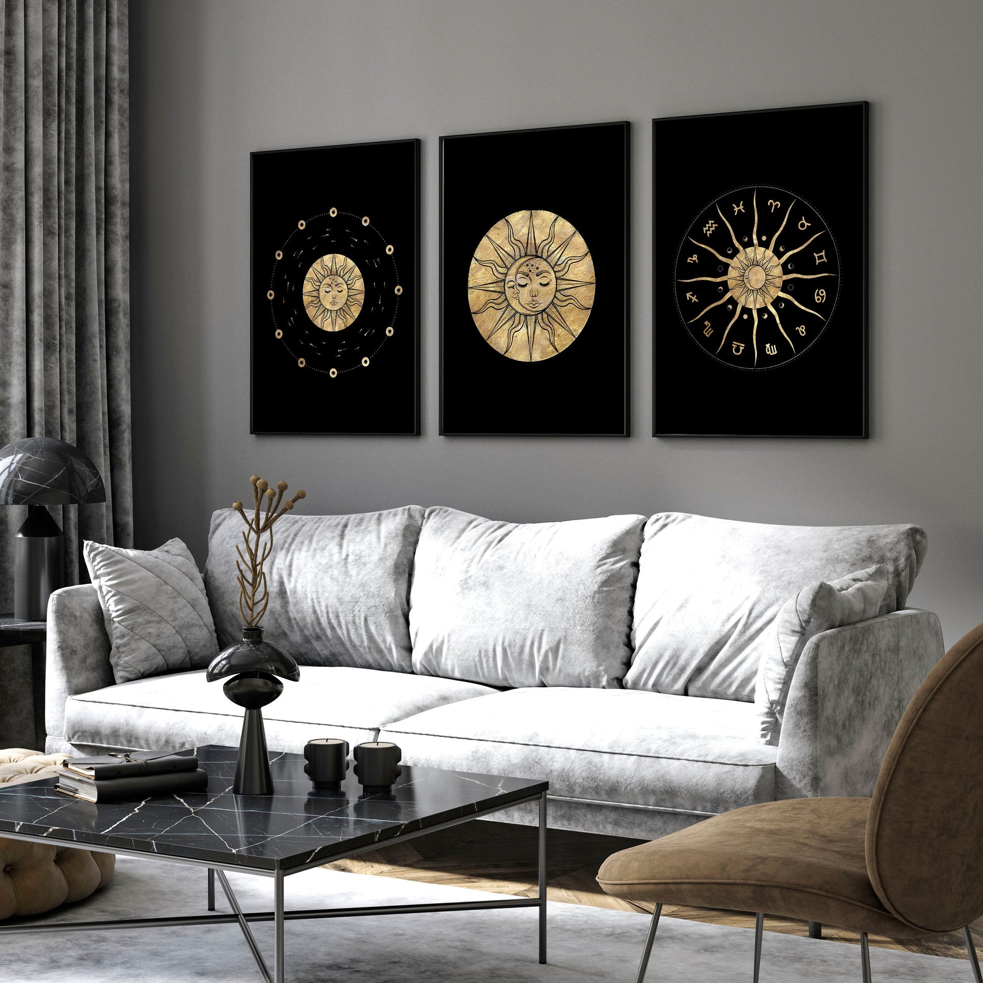 Sun and moon drawing  | set of 3 framed wall art