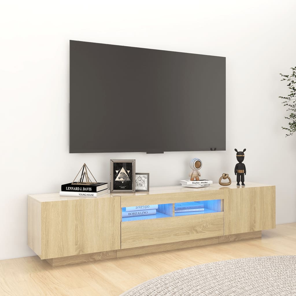 Modern Wooden 2pcs 70 Inch TV Tele Stand Unit Cabinet With LED Lights & Storage