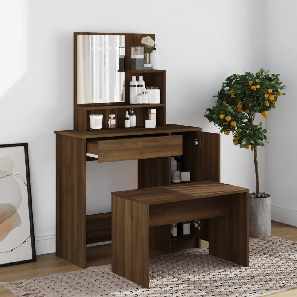 Modern Wooden Dressing Table Makeup Vanity Desk With Mirror & Cupboard