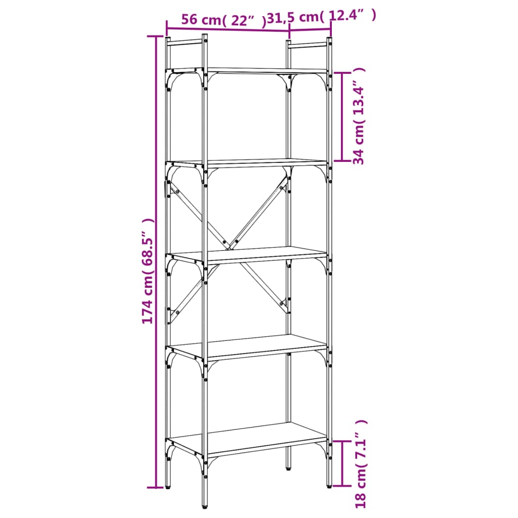 Bookcase 5-Tier Smoked Oak 56x31.5x174 cm Engineered Wood