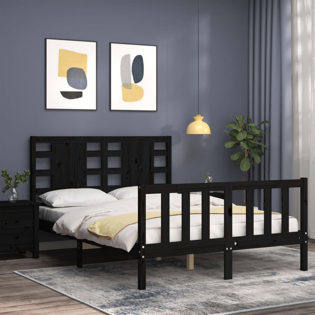 Bed Frame without Mattress Black Double Solid Wood Pine