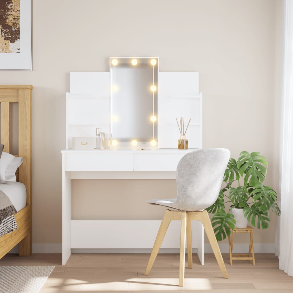 Modern Wooden Dressing Table Makeup Vanity Desk With LED Mirror & Drawers