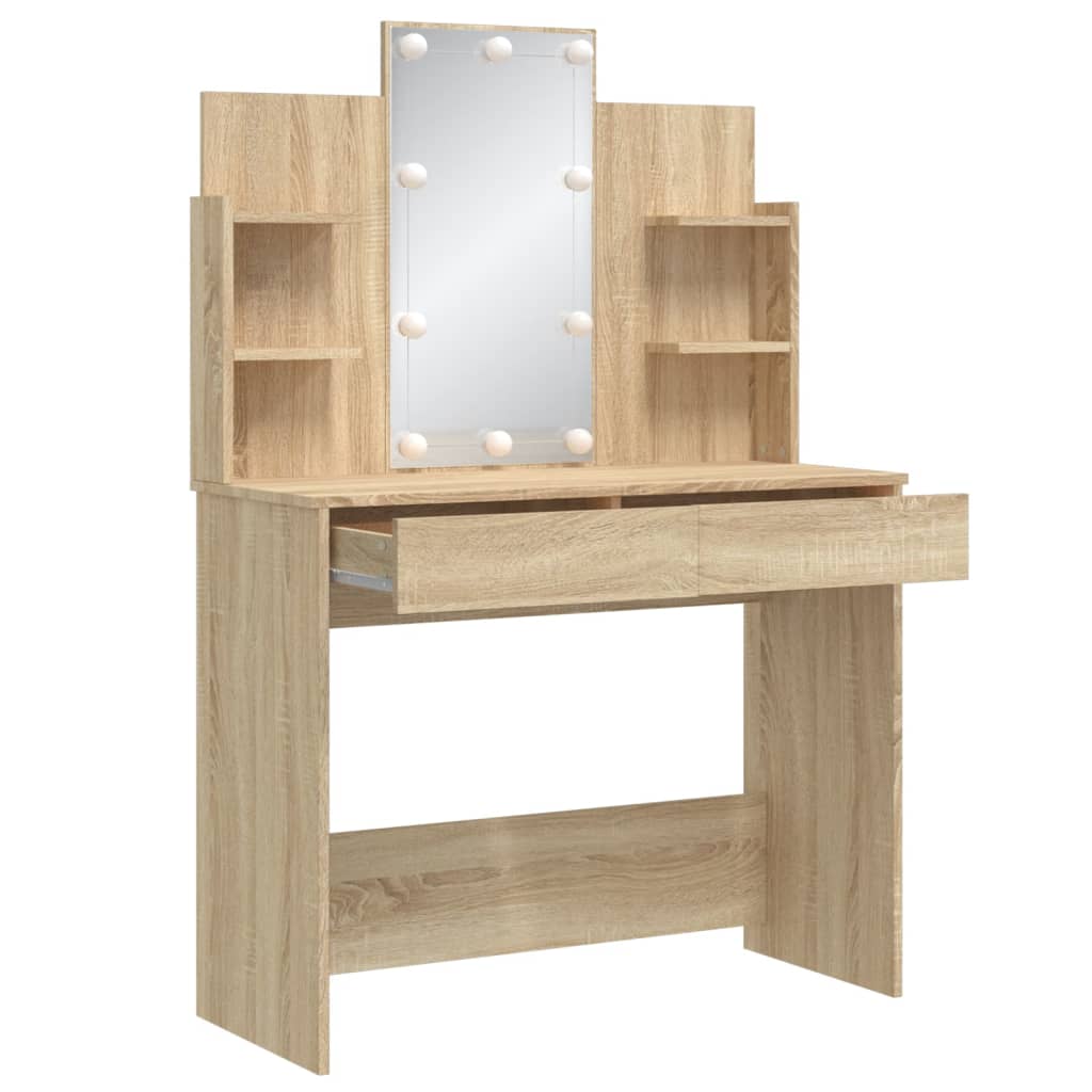Modern Wooden Dressing Table Makeup Vanity Desk With LED Mirror & Drawers
