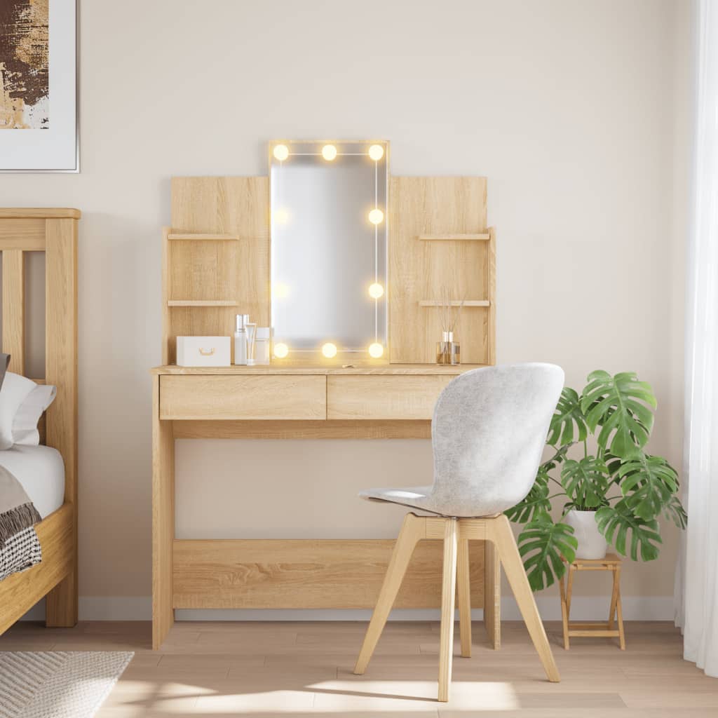 Modern Wooden Dressing Table Makeup Vanity Desk With LED Mirror & Drawers