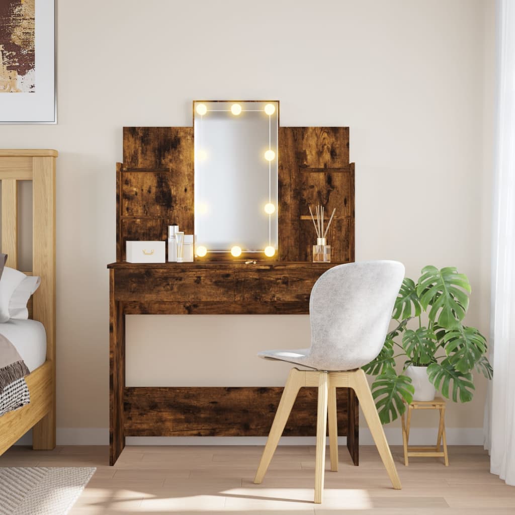 Modern Wooden Dressing Table Makeup Vanity Desk With LED Mirror & Drawers