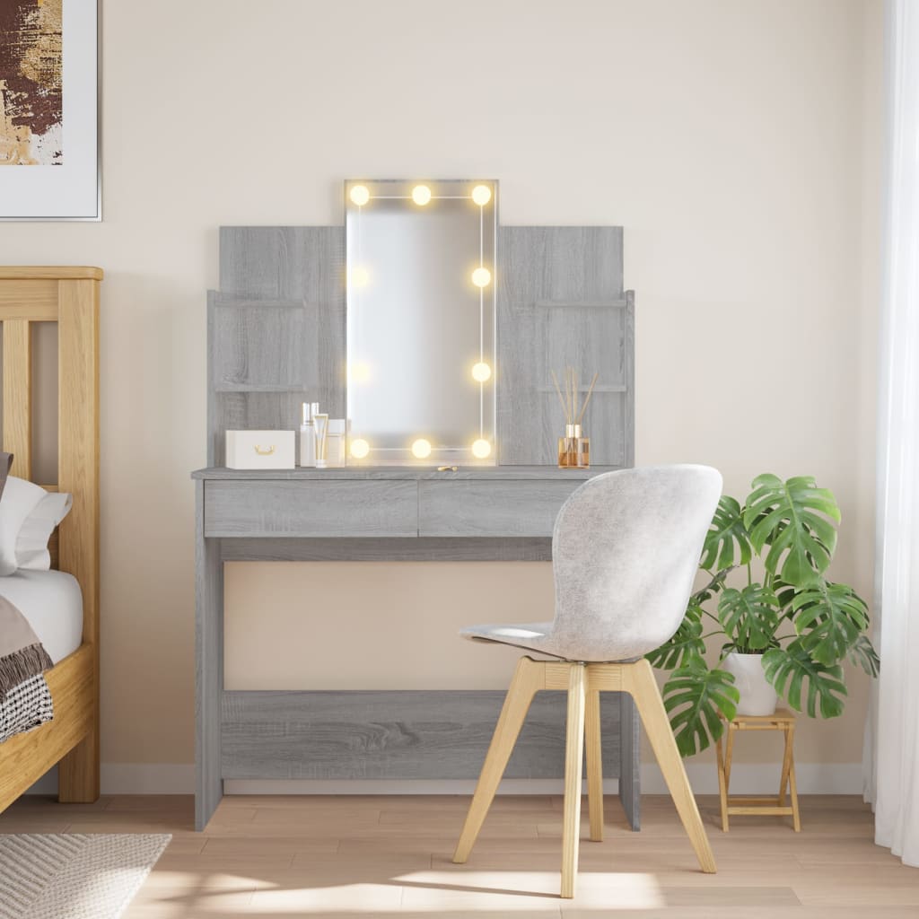 Modern Wooden Dressing Table Makeup Vanity Desk With LED Mirror & Drawers