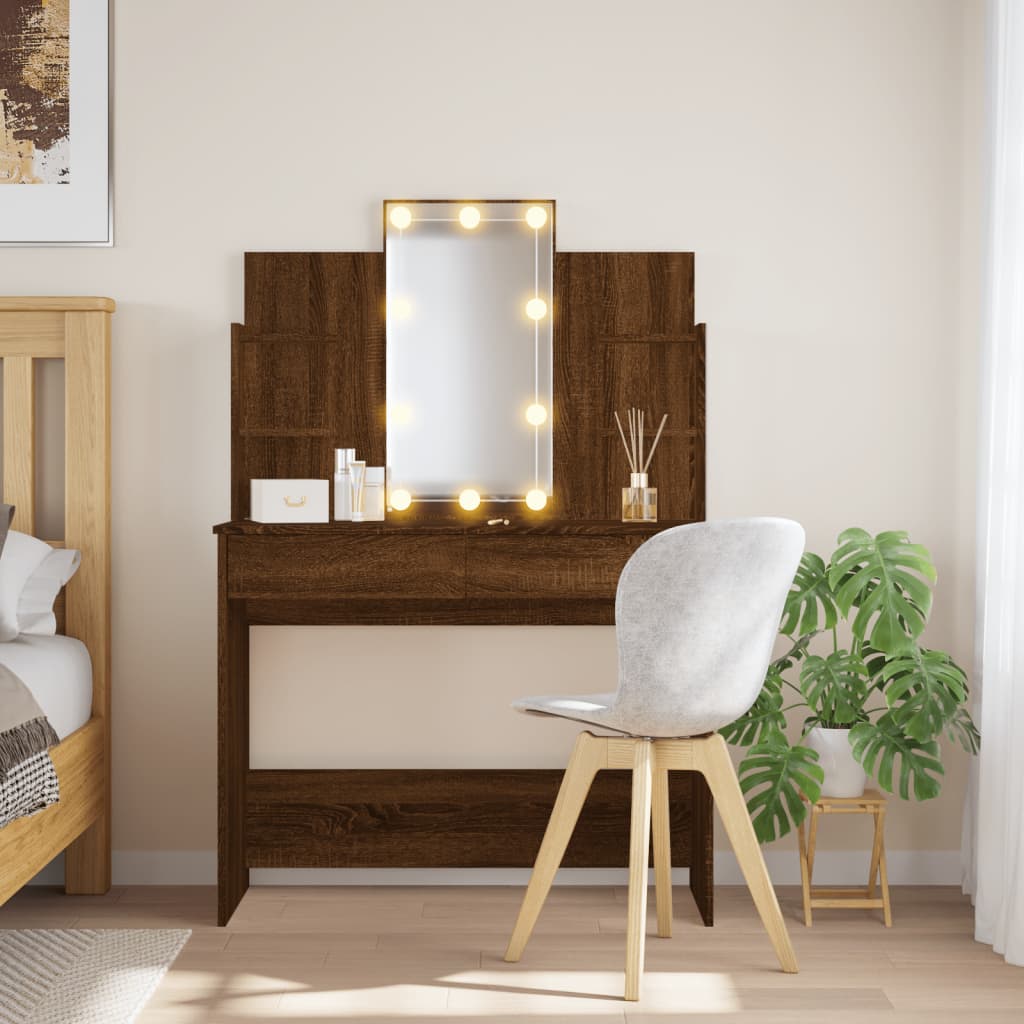 Modern Wooden Dressing Table Makeup Vanity Desk With LED Mirror & Drawers