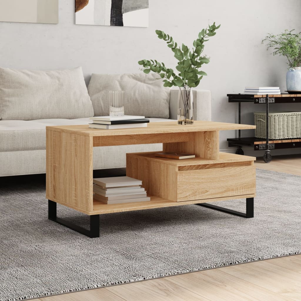 Modern Wooden Living Room Coffee Table With Open Storage & Drawer Wood